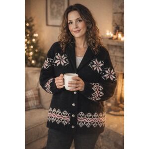 Prides Landing Womens XL Black 100% Wool Fair Isle Snowflake Cardigan Sweater